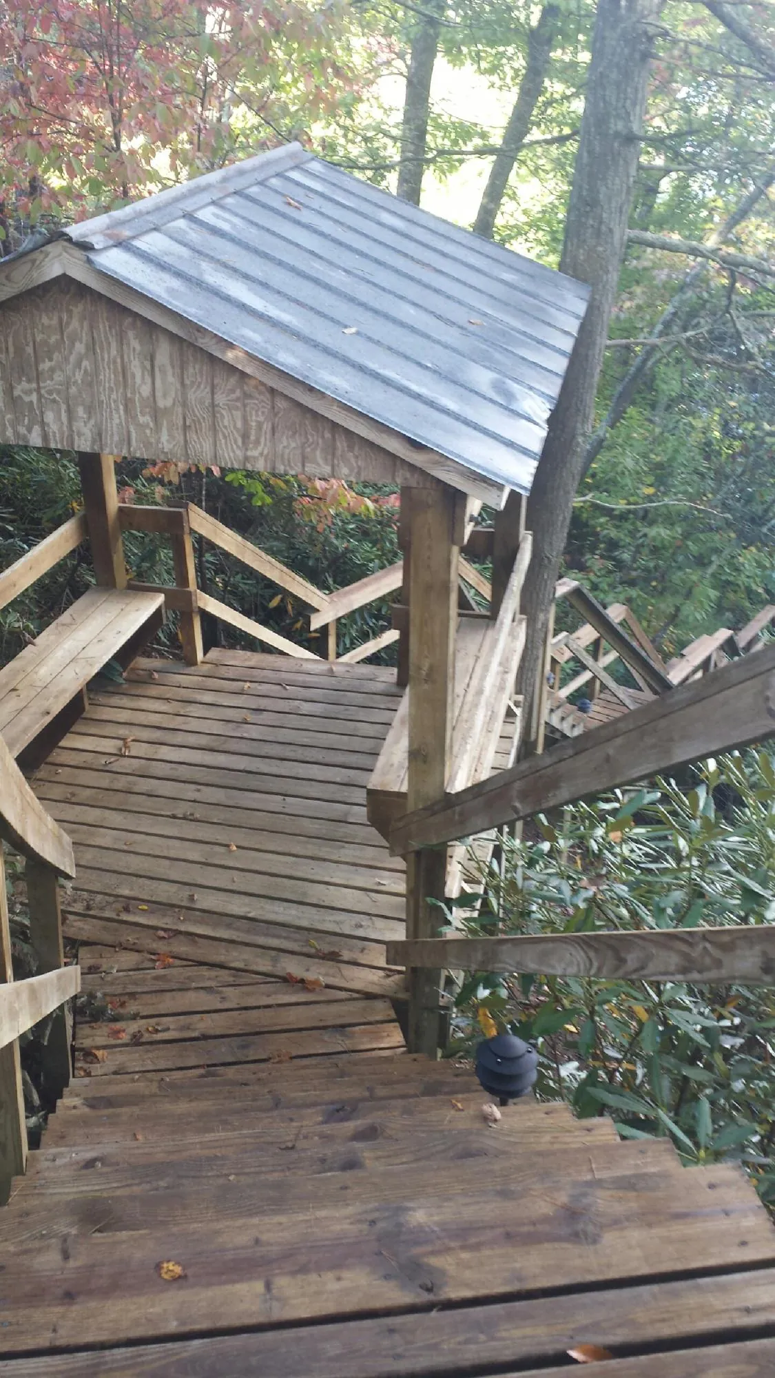 Metal roofed shelter over wooden steps on a wooded walkway — Skylight Repair & Installation work by our crew in Mount Pulaski